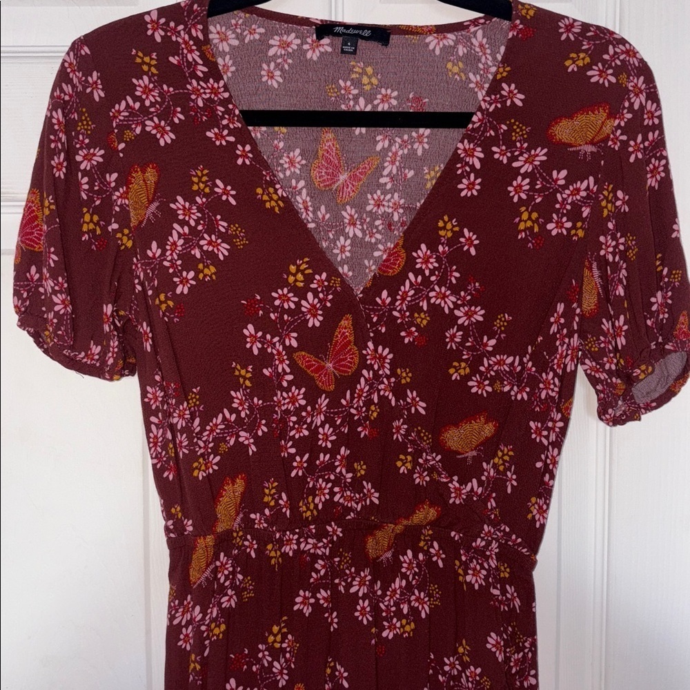 Madewell Ruffle Wrap Windowbox Red Brown Floral Dress Size 4 - Picture 7 of 9